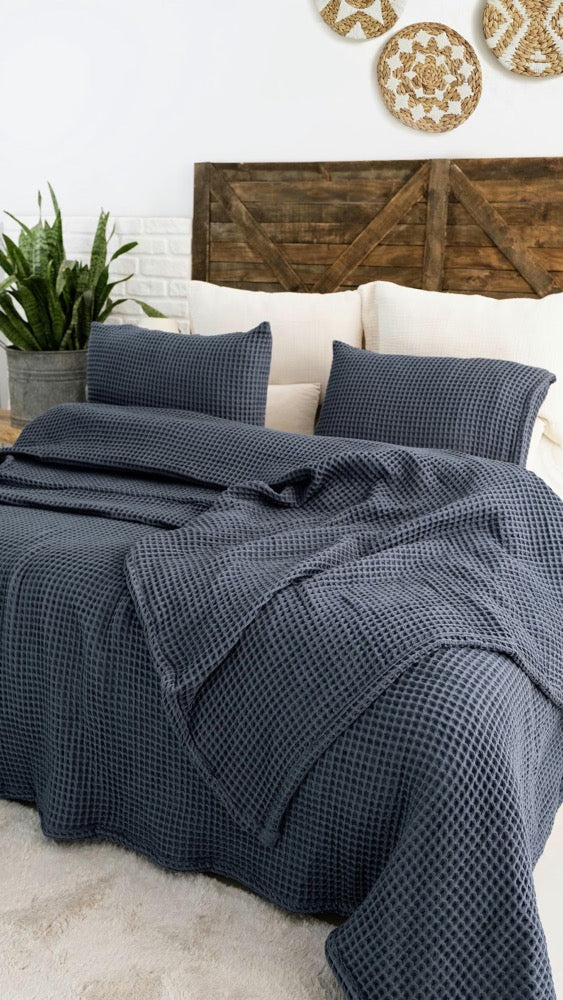 Waffle Bedspread, Soft Cotton Bed Cover, Textured Blanket, King Queen Size, Breathable Home Bedding