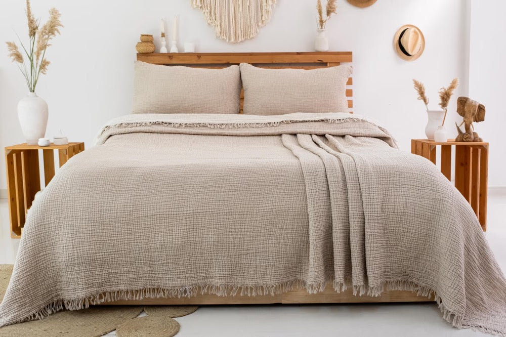Muslin Bedspread, Oversized Organic Turkish Cotton Gauze Blanket, Lightweight Summer Coverlet