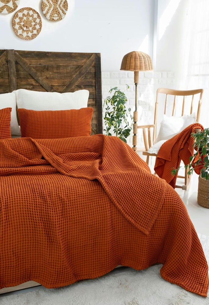 Waffle Bedspread, Soft Cotton Bed Cover, Textured Blanket, King Queen Size, Breathable Home Bedding