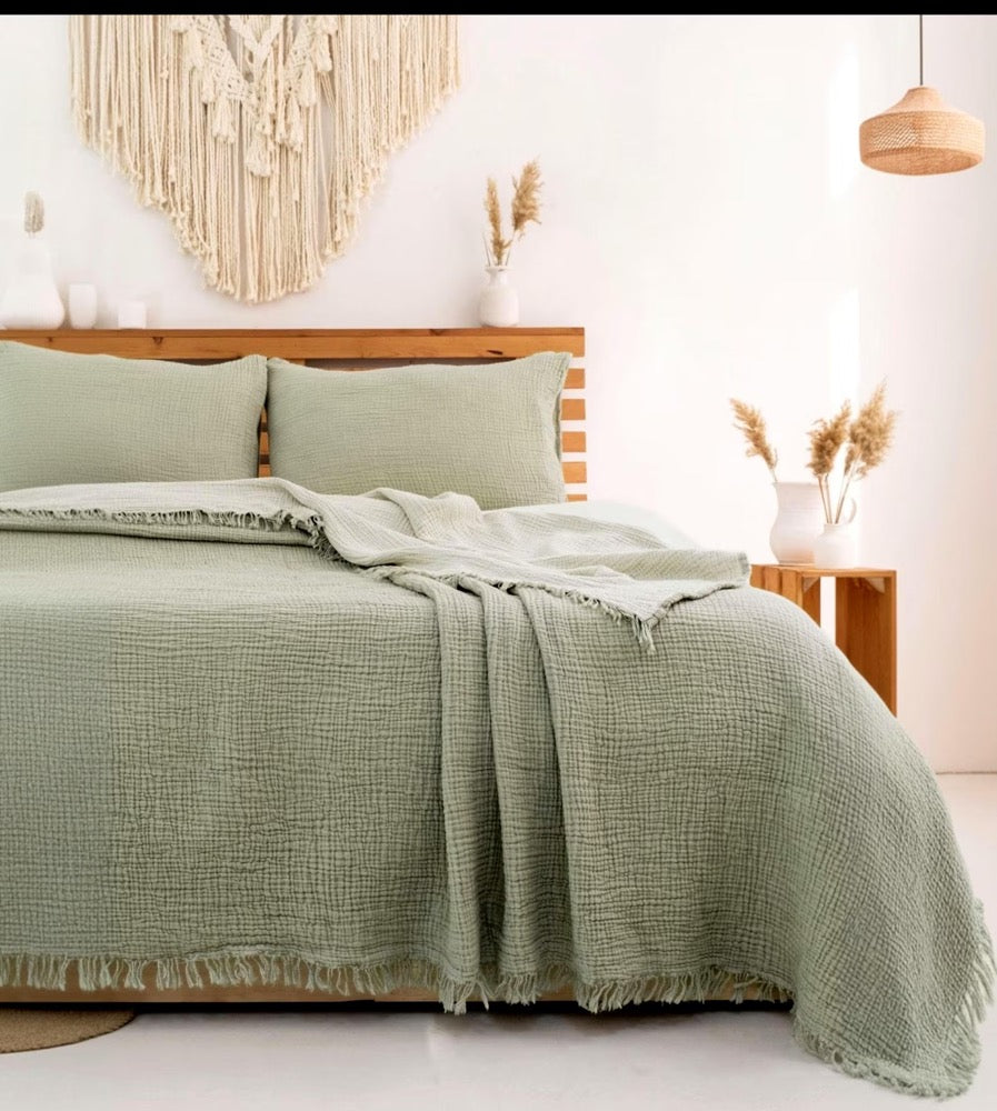 Muslin Bedspread, Oversized Organic Turkish Cotton Gauze Blanket, Lightweight Summer Coverlet